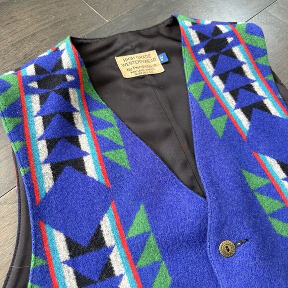 Vtg Pendleton High Grade Western Wear Wool Vest 42 Cobalt Blue Southwest Aztec - Picture 2 of 12